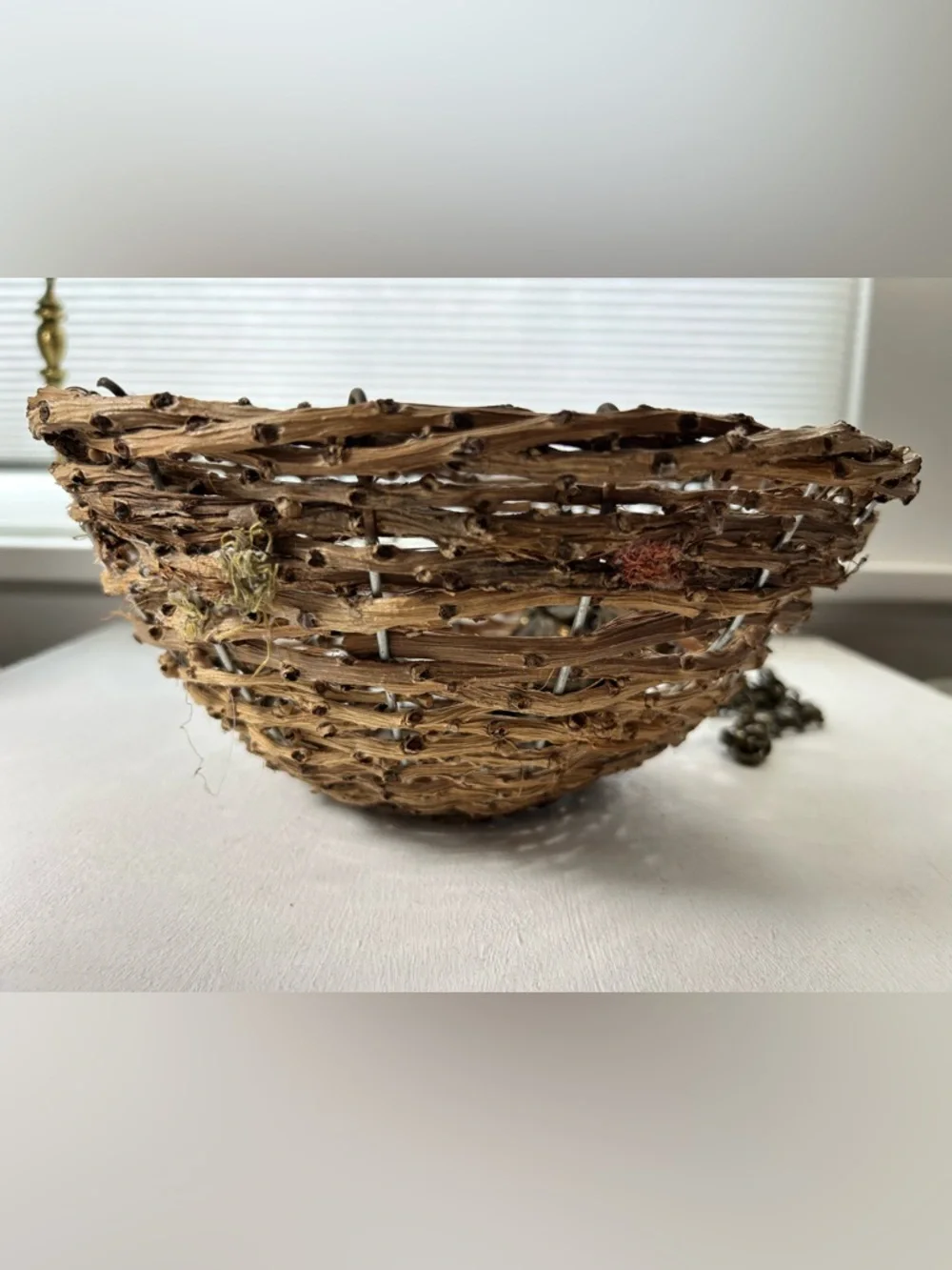 Vintage Hanging Basket Handwoven Natural Twig Brass Hanger Boho 11 Inch